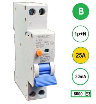 SEP Smalle B25 Aardlekautomaat 1p+n (1 module breed) 30mA 6kA (18mm)