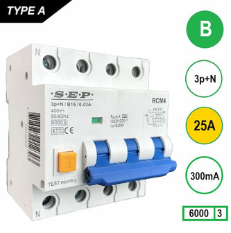 SEP RCM4 B25 Aardlekautomaat 3p+n 300mA