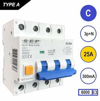 SEP C25 aardlek automaat 3P+N (300mA) 6kA