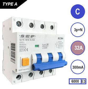 SEP C32 aardlek automaat 3P+N (300mA) 6kA