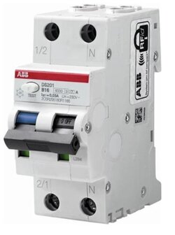 ABB aardlekautomaat, 1P+N B-karakteristiek, AC, 230V, 16A, 0.3A, IEC 10kA, 50/60Hz, 2 mod, IP20