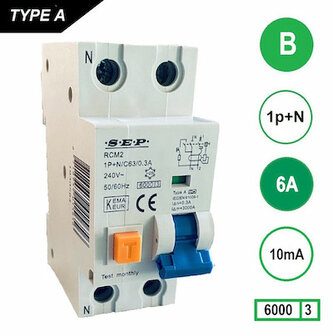 SEP B6 Aardlekautomaat 1p+n 10mA 6kA (36mm)