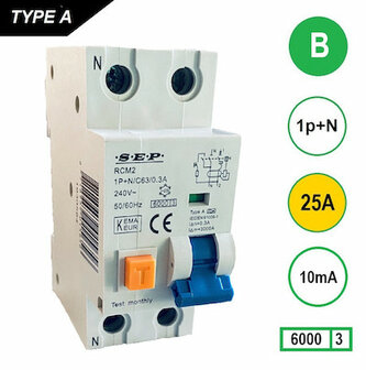 SEP B25 Aardlekautomaat 1p+n 10mA 6kA (36mm)