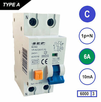 SEP C6 Aardlekautomaat 1p+n 10mA 6kA (36mm)