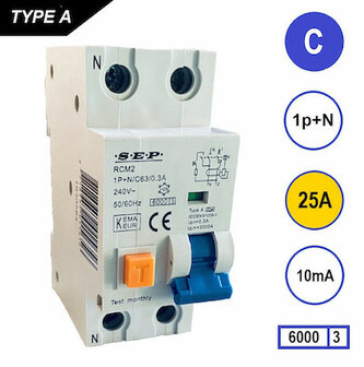 SEP C25 Aardlekautomaat 1p+n 10mA 6kA (36mm)