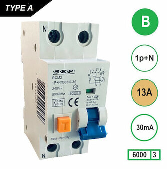 SEP B13 Aardlekautomaat 1p+n 30mA 6kA (36mm)