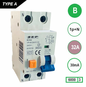 SEP B32 Aardlekautomaat 1p+n 30mA 6kA (36mm)