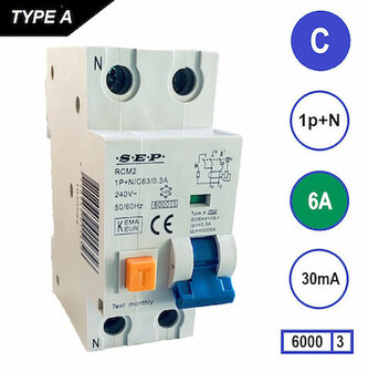 SEP C6 Aardlekautomaat 1p+n 30mA 6kA (36mm)