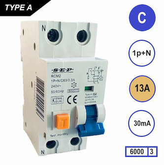 SEP C13 Aardlekautomaat 1p+n 30mA 6kA (36mm)