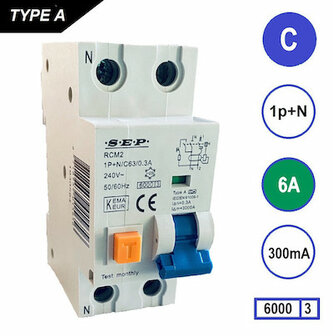 SEP C6 Aardlekautomaat 1p+n 300mA 6kA (36mm)