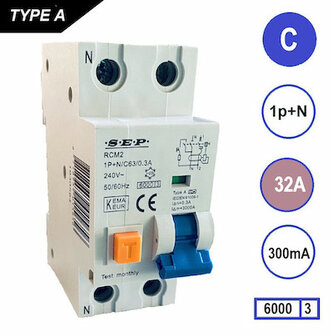 SEP C32 Aardlekautomaat 1p+n 300mA 6kA (36mm)