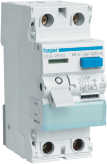 Hager CDA263G Aardlekschakelaar 2P 63 Ampere A-KAR 6kA 30mA 230V 2 MOD