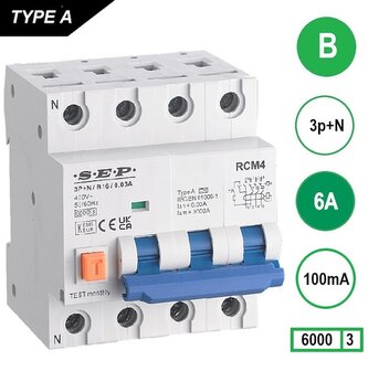 SEP B6 aardlek automaat 3P+N (100mA) 6kA