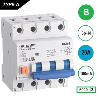 SEP B20 aardlek automaat 3P+N (100mA) 6kA