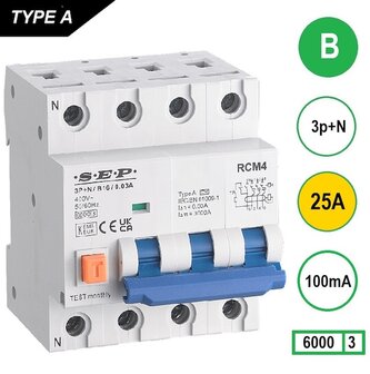 SEP B25 aardlek automaat 3P+N (100mA) 6kA