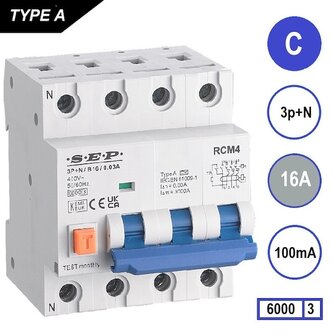 SEP C16 aardlek automaat 3P+N (100mA) 6kA