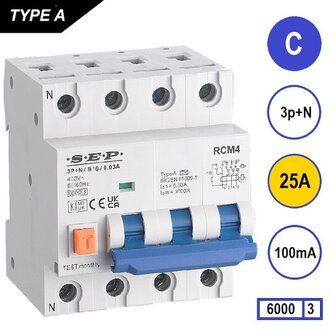 SEP C25 aardlek automaat 3P+N (100mA) 6kA