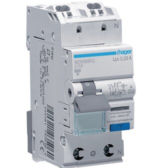 Hager ADS966G C16 Aardlekautomaat 1P+N (30mA) - QC