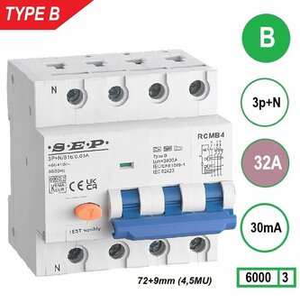 SEP RCMB 4B32.03 Aardlekaut. Type B, 3p+n B16 30mA 6kA
