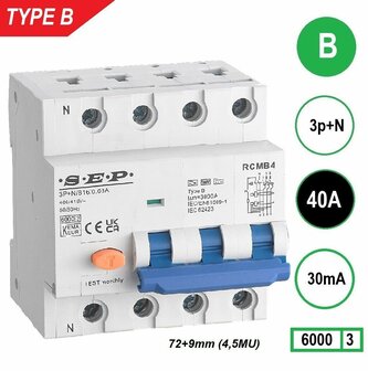SEP RCMB Aardlekaut. Type B, 3p+n B40 30mA 6kA (81mm) rcmb-4b40