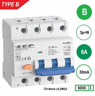 SEP RCMB Aardlekaut. Type B, 3p+n B6 30mA 6kA (81mm)