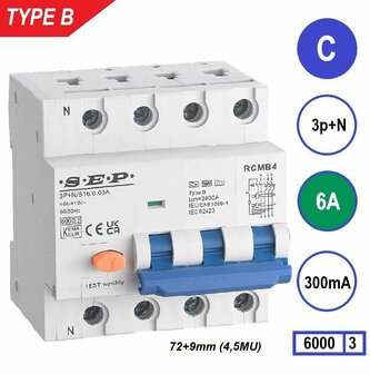 SEP RCMB Aardlekaut. Type B, 3p+n B6 300mA 6kA (81mm)