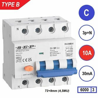 SEP RCMB Aardlekaut. Type B, 3p+n C10 30mA 6kA (81mm)