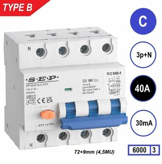 SEP RCMB Aardlekaut. Type B, 3p+n C40 30mA 6kA (81mm)