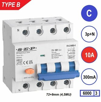 SEP RCMB Aardlekaut. Type B, 3p+n C10 300mA 6kA (81mm)