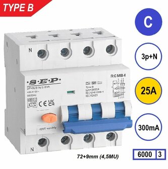SEP RCMB Aardlekaut. Type B, 3p+n C25 300mA 6kA (81mm)