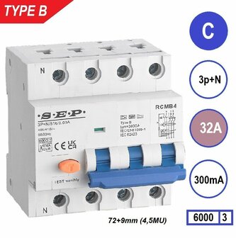 SEP RCMB Aardlekaut. Type B, 3p+n C32 300mA 6kA (81mm)