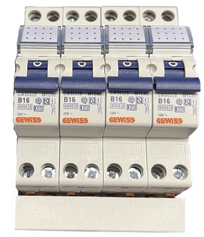 GW96057 Gewiss 1 fase Kamrail - 4 modules 1P+N installatie automaten