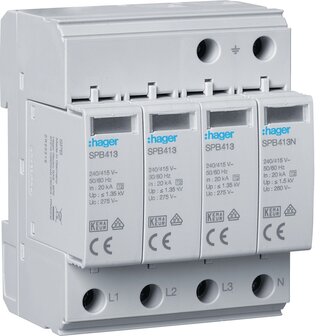 Hager SPB413 overspanningsbeveiliging T2 4P 40kA TT/TN-S met indicator