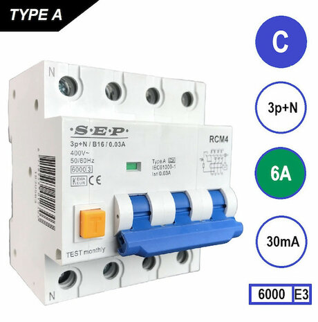 SEP C6 Aardlekautomaat 3P+N 30mA 6kA