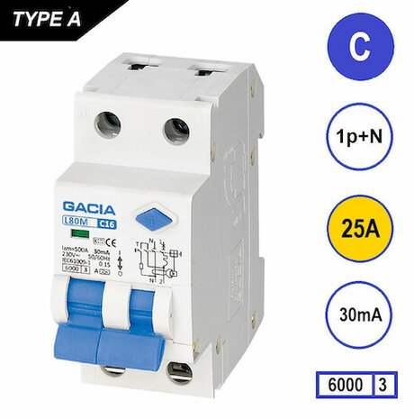 GACIA C25 Aardlekautomaat 1P+N 30mA - 6kA