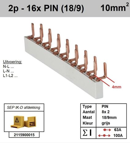 SEP kamrail voor 8 componenten 16 pins