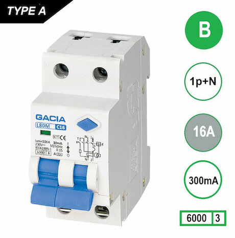  GACIA B16 aardlek automaat 1P+N (300mA) 6kA