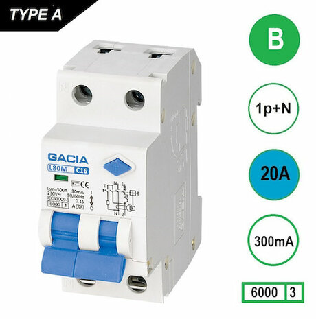 GACIA B20 aardlek automaat 1P+N (300mA) 6kA