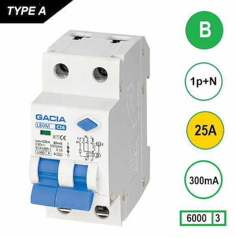 GACIA B25 aardlek automaat 1P+N (300mA) 6kA