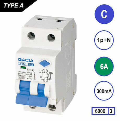 GACIA C6 aardlek automaat 1P+N (300mA) 6kA