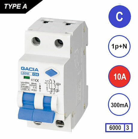 GACIA C10 aardlek automaat 1P+N (300mA) 6kA