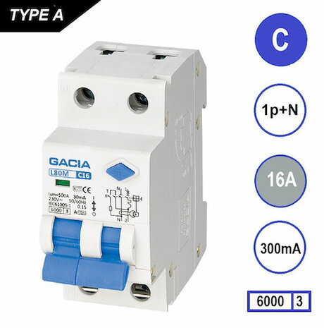 GACIA C16 aardlek automaat 1P+N (300mA) 6kA