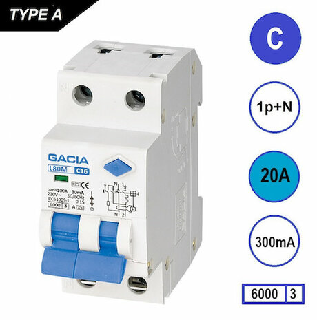 GACIA C20 aardlek automaat 1P+N (300mA) 6kA