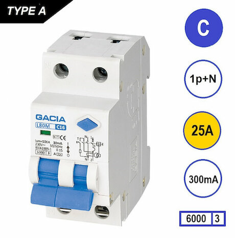 GACIA C25 aardlek automaat 1P+N (300mA) 6kA