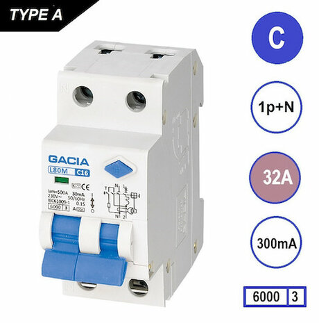 GACIA C32 aardlek automaat 1P+N (300mA) 6kA