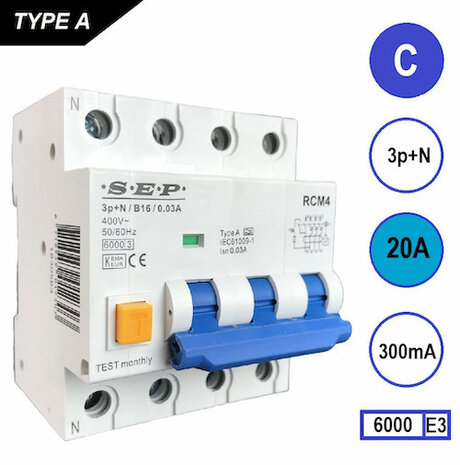 SEP C20 aardlek automaat 3P+N (300mA) 6kA