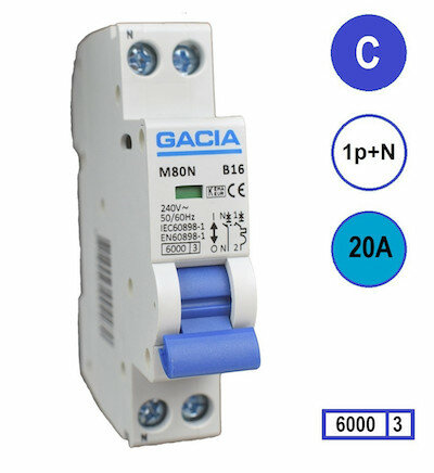 C20 Gacia Installatieautomaat 1P+N 6kA (18mm)