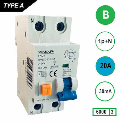 SEP B20 Aardlekautomaat 1p+n 30mA 6kA (36mm)