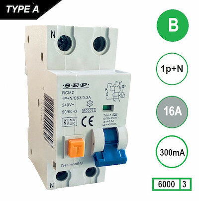 SEP B16 Aardlekautomaat 1p+n 300mA 6kA (36mm)