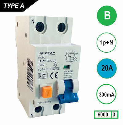 SEP B20 Aardlekautomaat 1p+n 300mA 6kA (36mm)